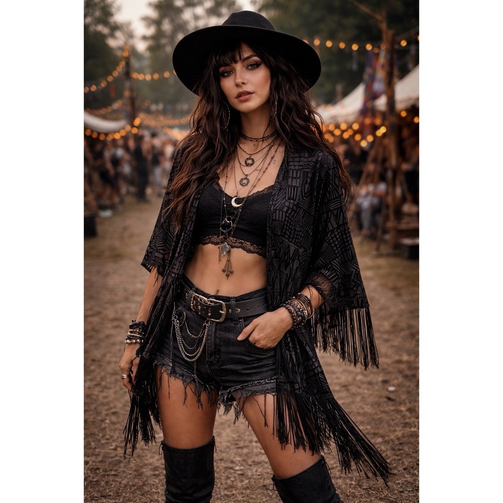 Velvet Kimono Duster Burnout‎ Fringe  Boho Gypsy Koi Gypsy Faire Whimsigoth